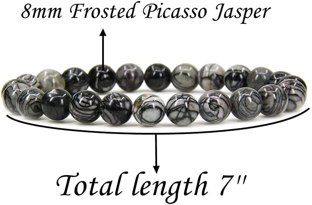 Angelstones Natural Picasso Jasper Gemstone 8mm Round Beads Stretch Bracelet 7inch Unisex