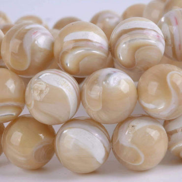 Angelstones Natural Khaki Mother of Pearl Shell 10mm Round Beads Stretch Bracelet 7 Inch Unisex