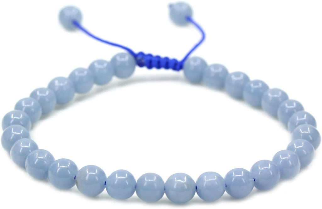Angelstones Handmade Gemstone 6mm Blue Angelite Round Beads Adjustable Braided Macrame Tassels Chakra Reiki Bracelets 7-9 inch Unisex