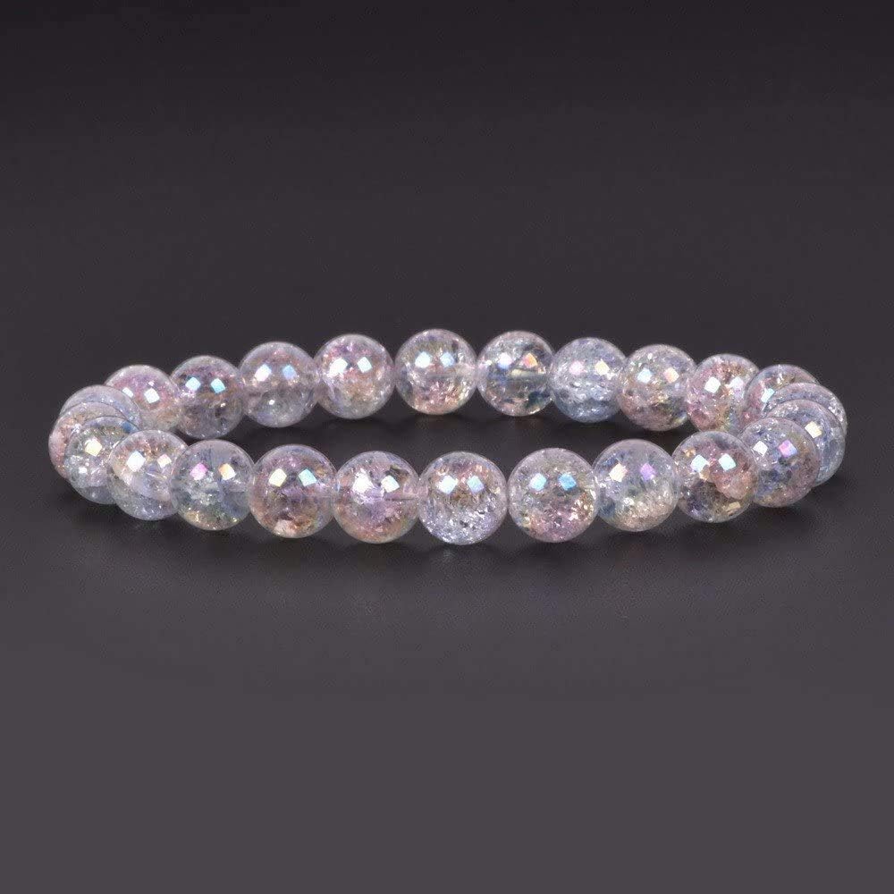 Aqua Aura Crackle Natural Clear Quartz Gemstone 8mm Round Beads Stretch Bracelet 7inch
