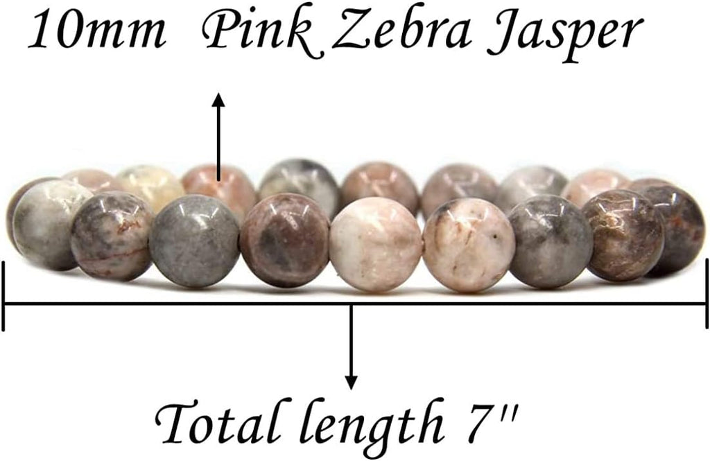 Angelstones Natural Pink Zebra Jasper Genuine Semi-Precious Gemstones Healing 10mm Beaded Stretch Bracelet 7inch Unisex