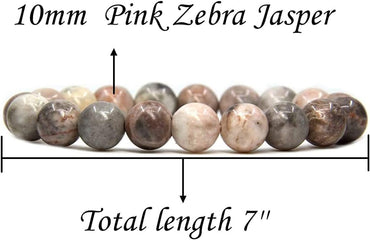 Angelstones Natural Pink Zebra Jasper Genuine Semi-Precious Gemstones Healing 10mm Beaded Stretch Bracelet 7inch Unisex