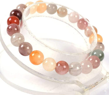 Natural Multicolor Rutilated Quartz Gemstone 8mm Round Beads Stretch Bracelet 7 Inch Unisex