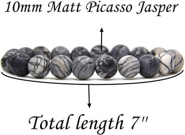 Angelstones Natural Matt Frosted Picasso Jasper Genuine Semi-Precious Gemstones Healing 10mm Beaded Stretch Bracelet 7inch Unisex