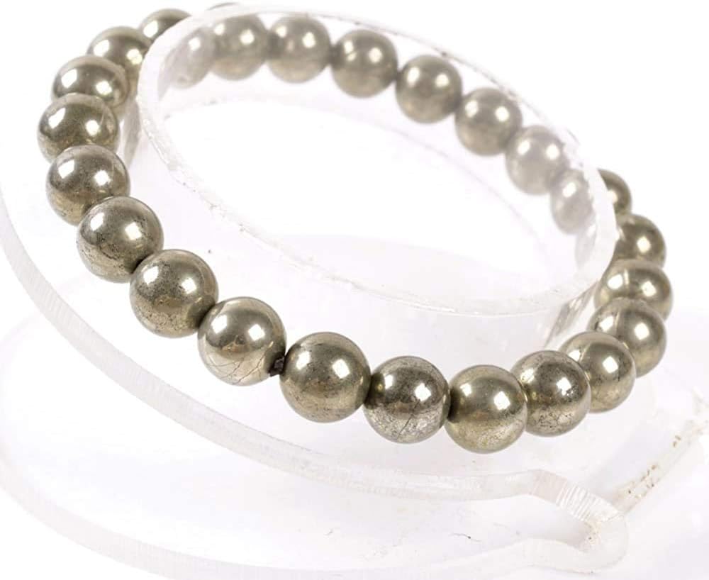 Angelstones Natural Pyrite Gemstone 8mm Round Beads Stretch Bracelet 7 Inch Unisex