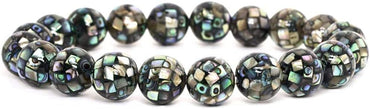 Angelstones Natural Mosaic Abalone Shell Gemstone 10mm Round Beads Stretch Bracelet 7 Inch Unisex
