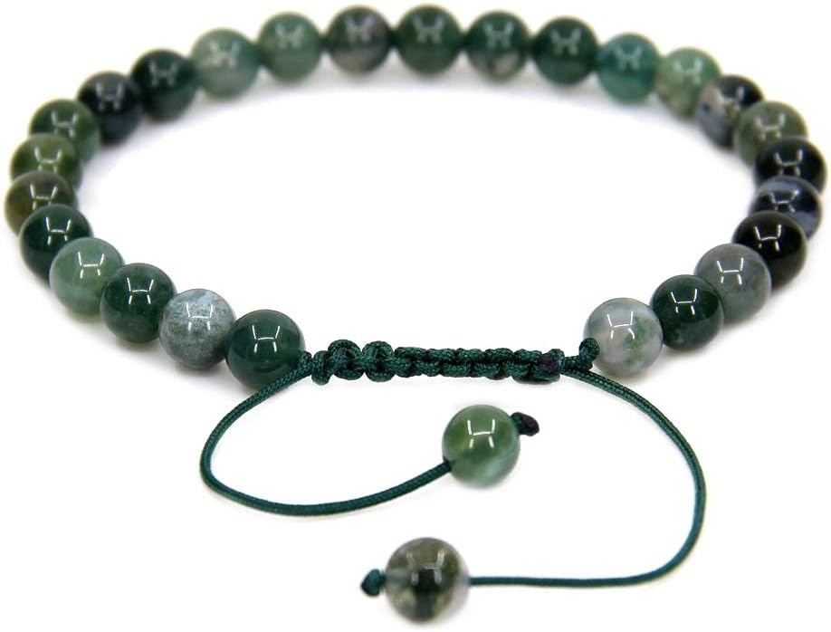 Natural Moss Agate Gemstone 6mm Round Beads Adjustable Bracelet 7inch Unisex
