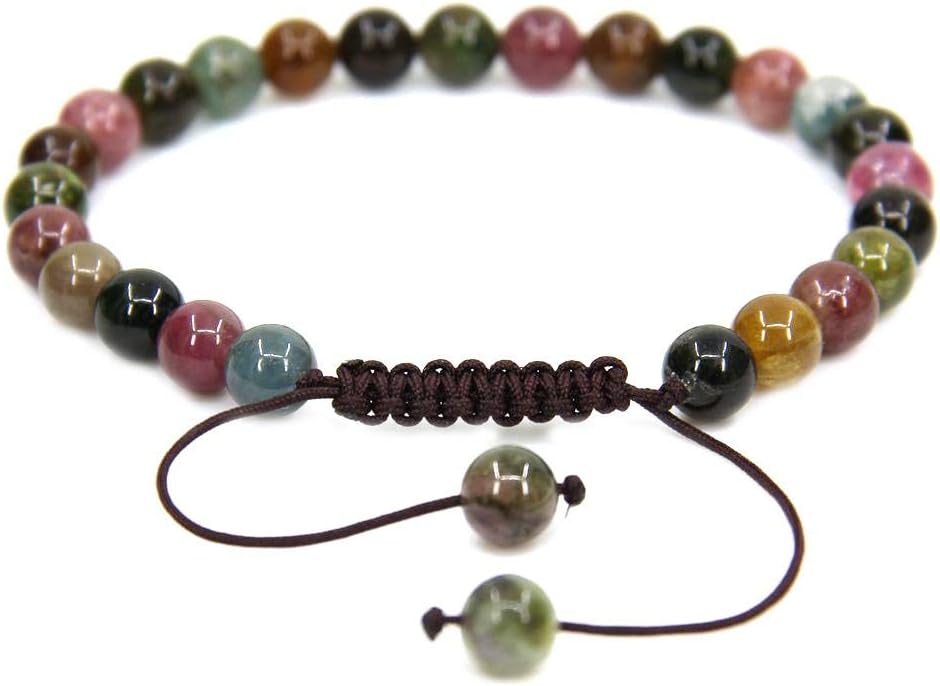Natural AA Grade Multicolor Tourmaline Gemstone 6mm Round Beads Adjustable Bracelet 7inch Unisex