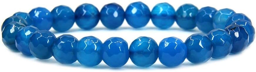 Natural Faceted Blue Agate Gemstone 8mm Round Beads Stretch Bracelet 7inch Unisex