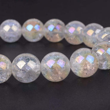 Aqua Aura Crackle Clear Quartz Gemstone 10mm Round Beads Stretch Bracelet 7inch Unisex