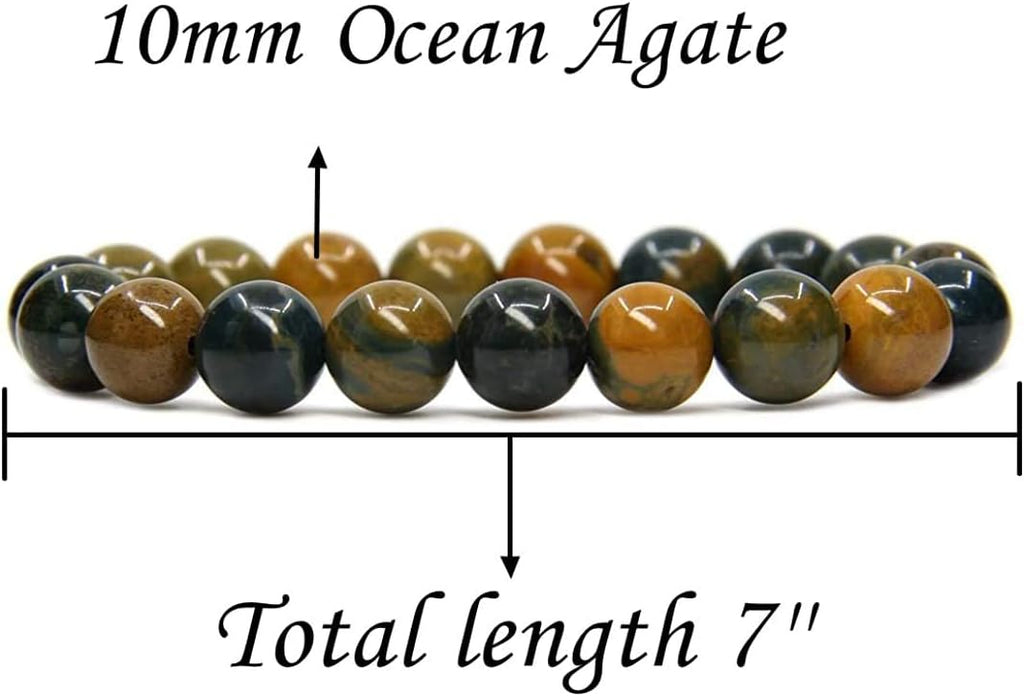 Angelstones Natural Ocean Agate Genuine Semi-Precious Gemstones Healing 10mm Beaded Stretch Bracelet 7inch Unisex