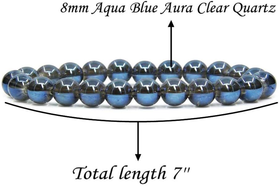 Natural Aqua Blue Aura Clear Quartz Handmade Gemstone 8mm Round Beads Elastic Bracelet 7inch Unisex