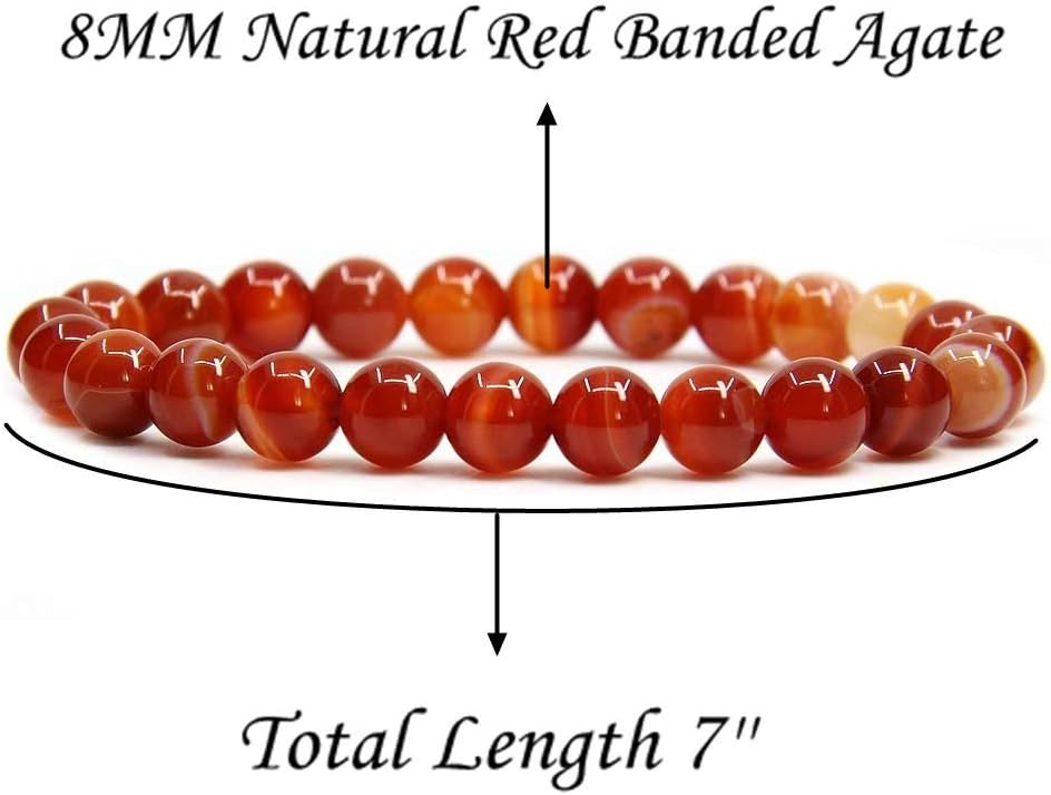 Natural Red Banded Agate Handmade Gemstone 8mm Round Beads Elastic Bracelet 7inch Unisex