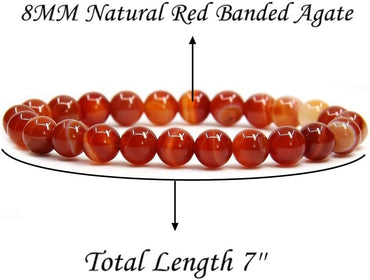 Natural Red Banded Agate Handmade Gemstone 8mm Round Beads Elastic Bracelet 7inch Unisex