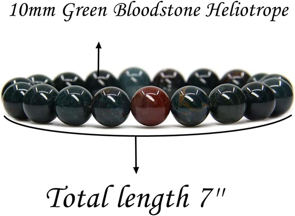 Angelstones Natural Green Bloodstone Heliotrope Genuine Semi-Precious Gemstones Healing 10mm Beaded Stretch Bracelet 7inch Unisex