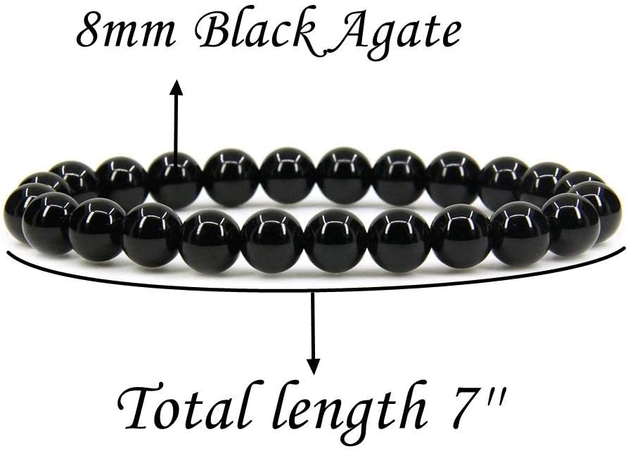 Natural AA Grade Black Agate Gemstone 8mm Round Beads Stretch Bracelet 7inch Unisex