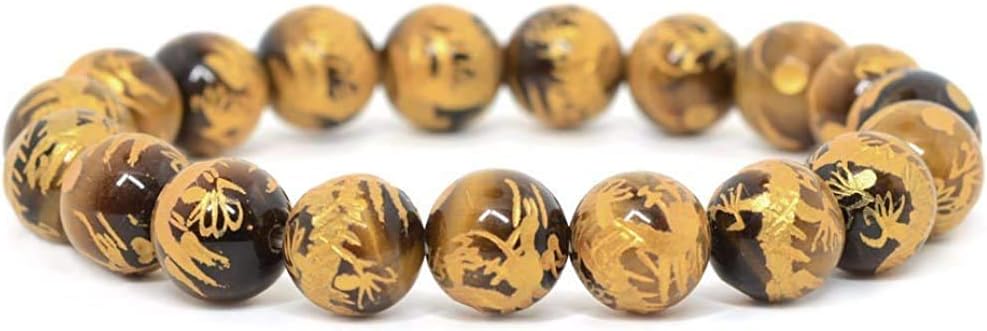 Angelstones Tiger Eye Gold Dragon Gemstone 10mm Round Beads Stretch Bracelet 7 Inch Unisex