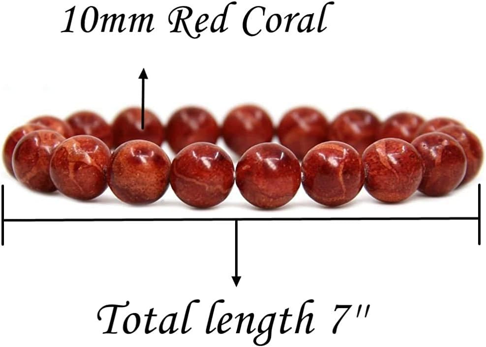 Angelstones Natural Red Coral Genuine Semi-Precious Gemstones Healing 10mm Beaded Stretch Bracelet 7inch Unisex