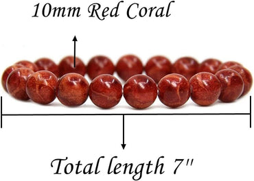 Angelstones Natural Red Coral Genuine Semi-Precious Gemstones Healing 10mm Beaded Stretch Bracelet 7inch Unisex