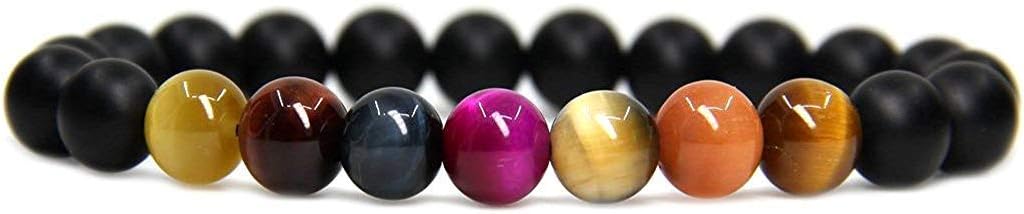 Natural Matt Black Agate and Mixed Tiger Eye Gemstone 8mm Round Beads Stretch Bracelet 7inch Unisex