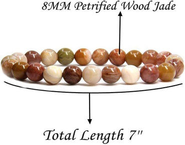 Red Petrified Wood Jade Gem Semi Precious Gemstone 8mm Ball Beads Stretch Bracelet 7inch Unisex