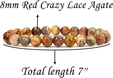 Natural Red Crazy Lace Agate Gemstone 8mm Round Beads Stretch Bracelet 7inch Unisex