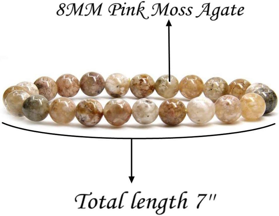 Pink Moss Agate Gem Semi Precious Gemstone 8mm Ball Beads Stretch Bracelet 7inch Unisex