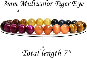 Natural AA Grade Multicolor Tiger Eye Gemstone 8mm Round Beads Stretch Bracelet 7inch Unisex
