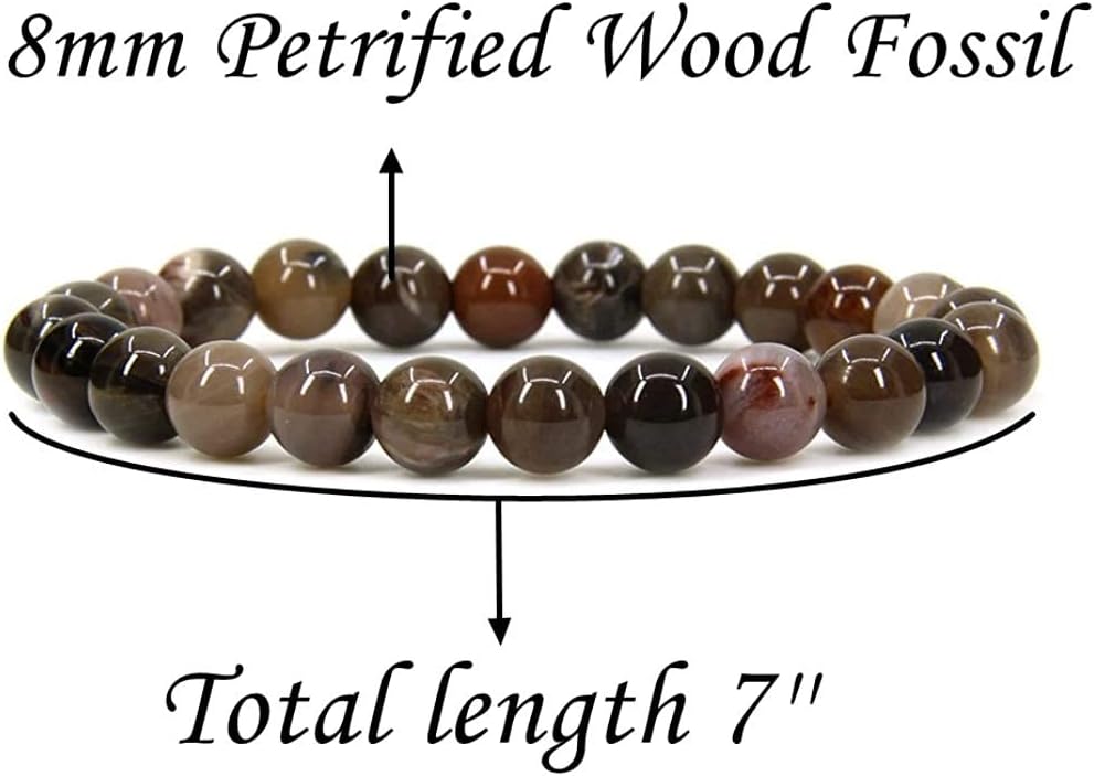 Angelstones Natural Petrified Wood Fossil Gemstone 8mm Round Beads Stretch Bracelet 7inch Unisex