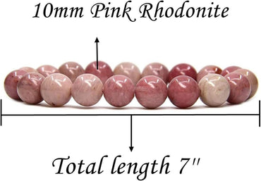 Angelstones Natural Pink Rhodonite Genuine Semi-Precious Gemstones Healing 10mm Beaded Stretch Bracelet 7inch Unisex