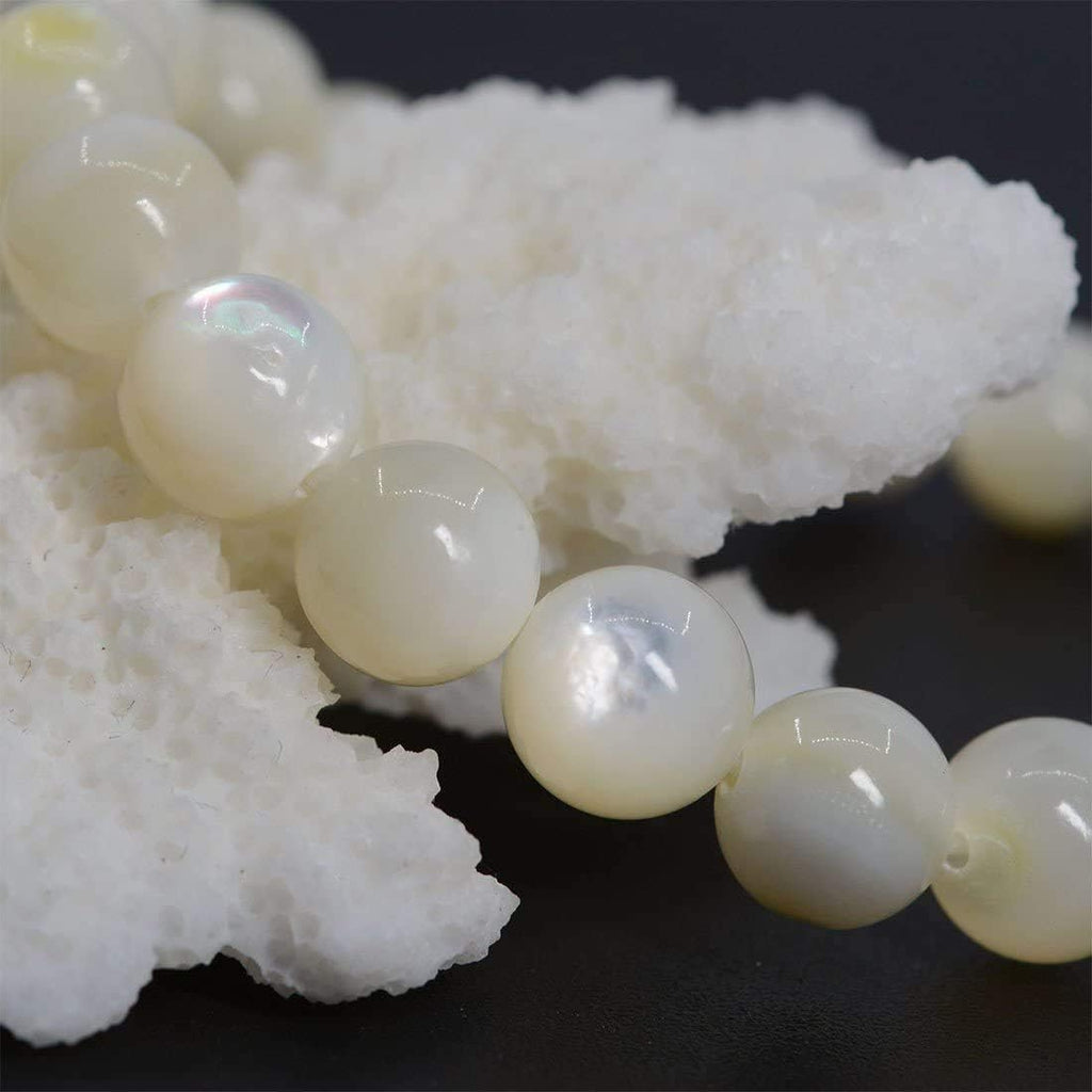 Angelstones Natural White Mother of Pearl Gemstone 8mm Round Beads Stretch Bracelet 7 Inch Unisex