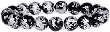 Angelstones Black Agate Silver Dragon Gemstone 10mm Round Beads Stretch Bracelet 7 Inch Unisex