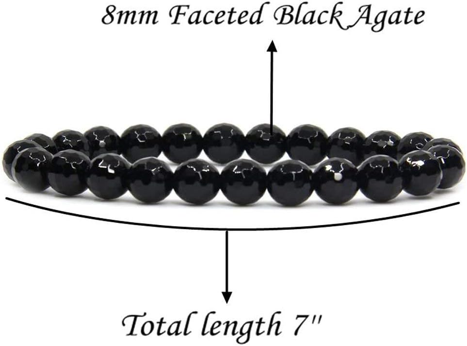 Natural Faceted Black Agate Handmade Gemstone 8mm Round Beads Elastic Bracelet 7inch Unisex