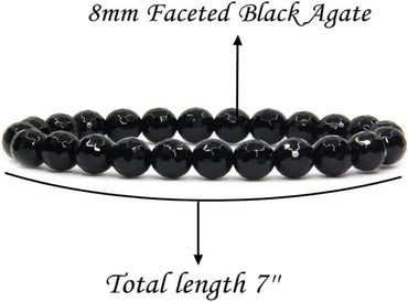 Natural Faceted Black Agate Handmade Gemstone 8mm Round Beads Elastic Bracelet 7inch Unisex