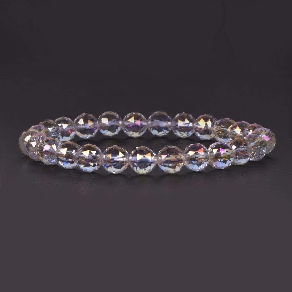 Aqua Aura Faceted Natural Clear Quartz Gemstone 8mm Round Beads Stretch Bracelet 7inch