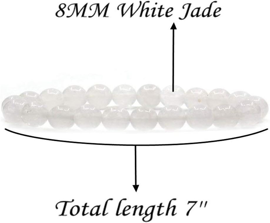 White Jade Gem Semi Precious Gemstone 8mm Ball Beads Stretch Bracelet 7inch Unisex