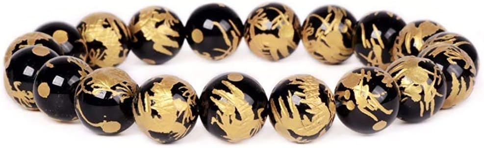 Angelstones Black Agate Gold Dragon Gemstone 10mm Round Beads Stretch Bracelet 7 Inch Unisex