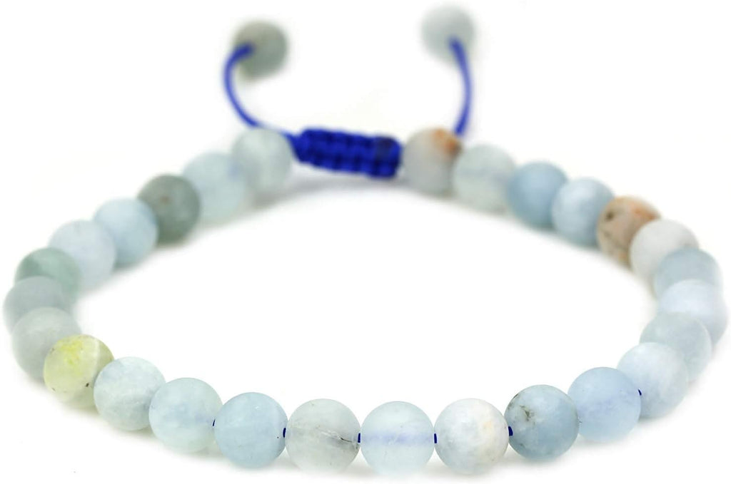 Angelstones Handmade Gemstone 6mm Matt Multicolor Aquamarine Round Beads Adjustable Braided Macrame Tassels Chakra Reiki Bracelets 7-9 inch Unisex