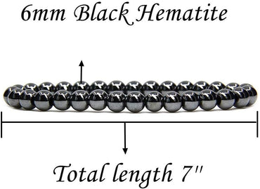 Angelstones Natural Black Hematite Gemstone 6mm Round Beads Stretch Bracelet 7inch Unisex