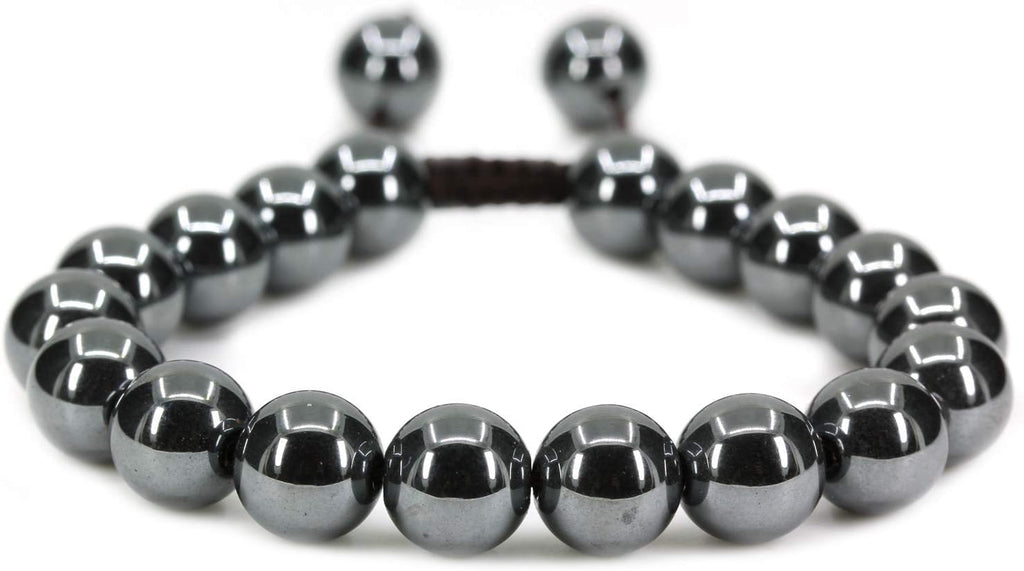 Angelstones Handmade Gemstone 10mm Black Hematite Round Beads Adjustable Braided Macrame Tassels Chakra Reiki Bracelets 7-9 inch Unisex