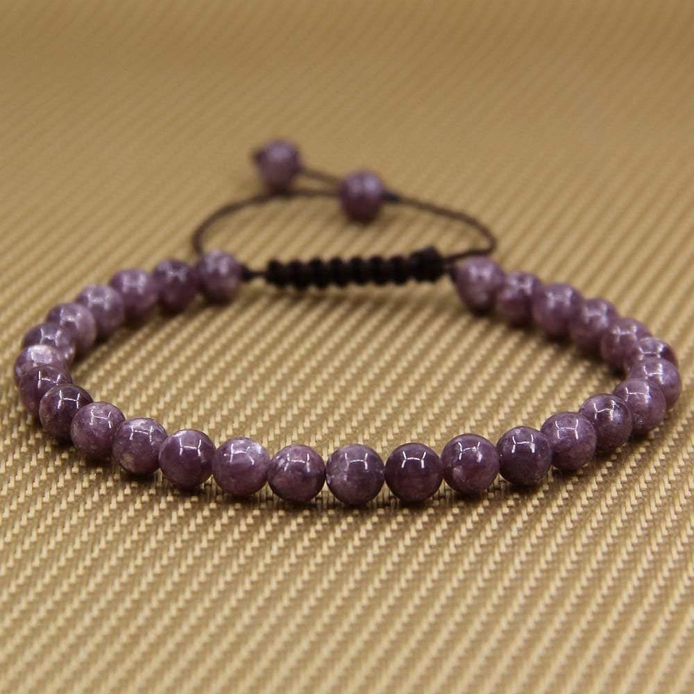 Natural A Grade Lepidolite Lithium Mica Gemstone 6mm Round Beads Adjustable Bracelet 7inch Unisex