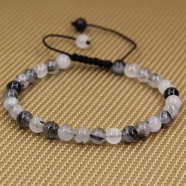 Natural Black Rutilated Quartz Gemstone 6mm Round Beads Adjustable Bracelet 7inch Unisex