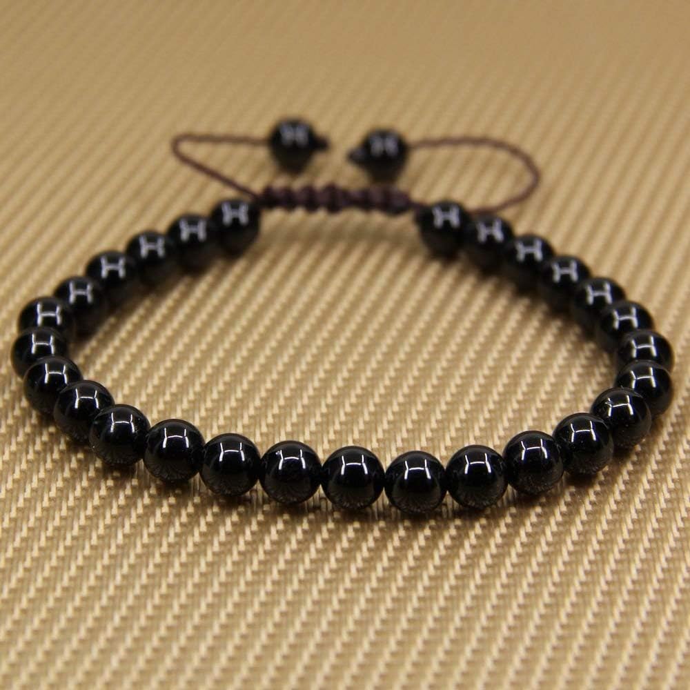 Natural A Grade Black Tourmaline Gemstone 6mm Round Beads Adjustable Bracelet 7inch Unisex