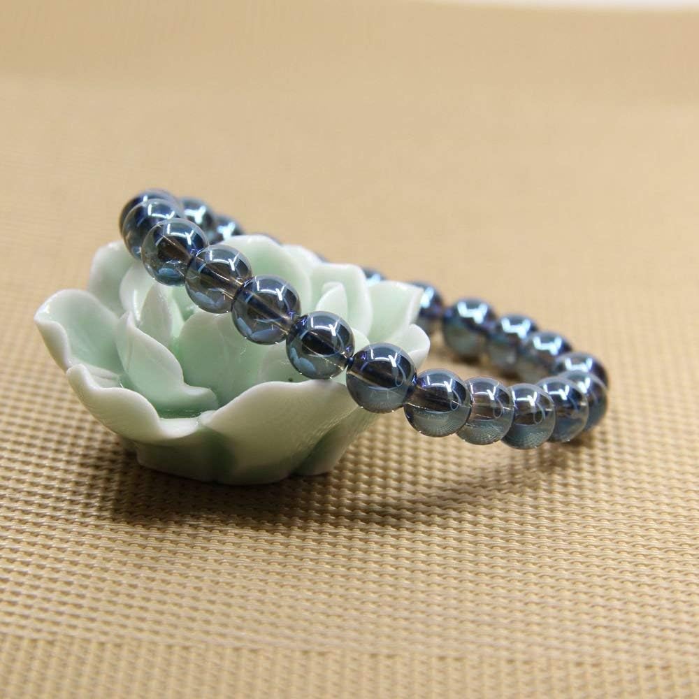 Natural Aqua Blue Aura Clear Quartz Handmade Gemstone 8mm Round Beads Elastic Bracelet 7inch Unisex