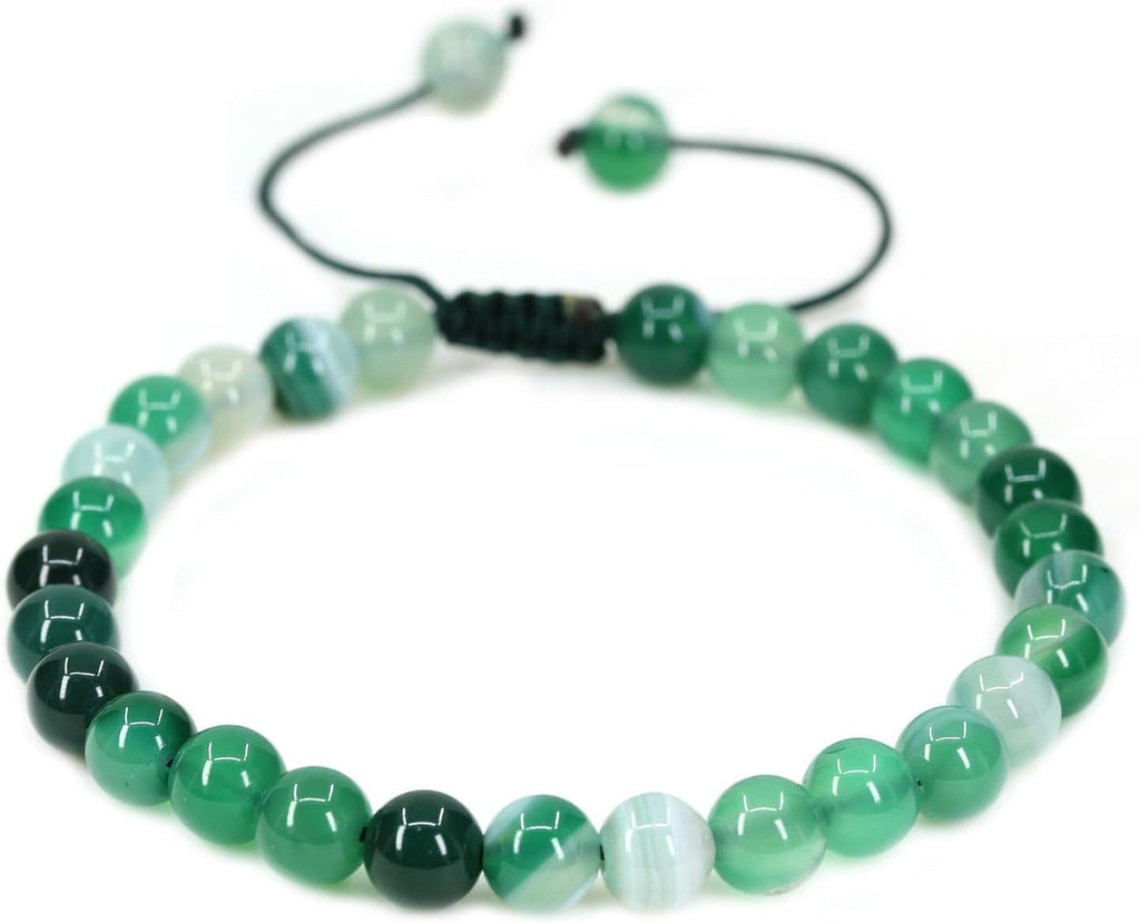 Angelstones Handmade Gemstone 6mm Green Banded Agate Round Beads Adjustable Braided Macrame Tassels Chakra Reiki Bracelets 7-9 inch Unisex