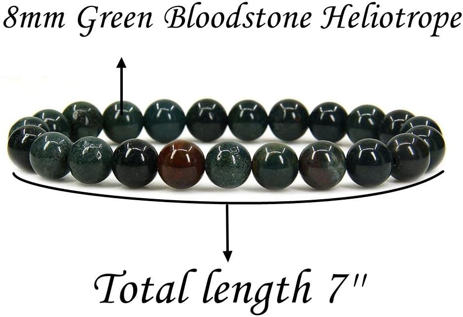 Natural Green Bloodstone Heliotrope Gemstone 8mm Round Beads Stretch Bracelet 7inch Unisex