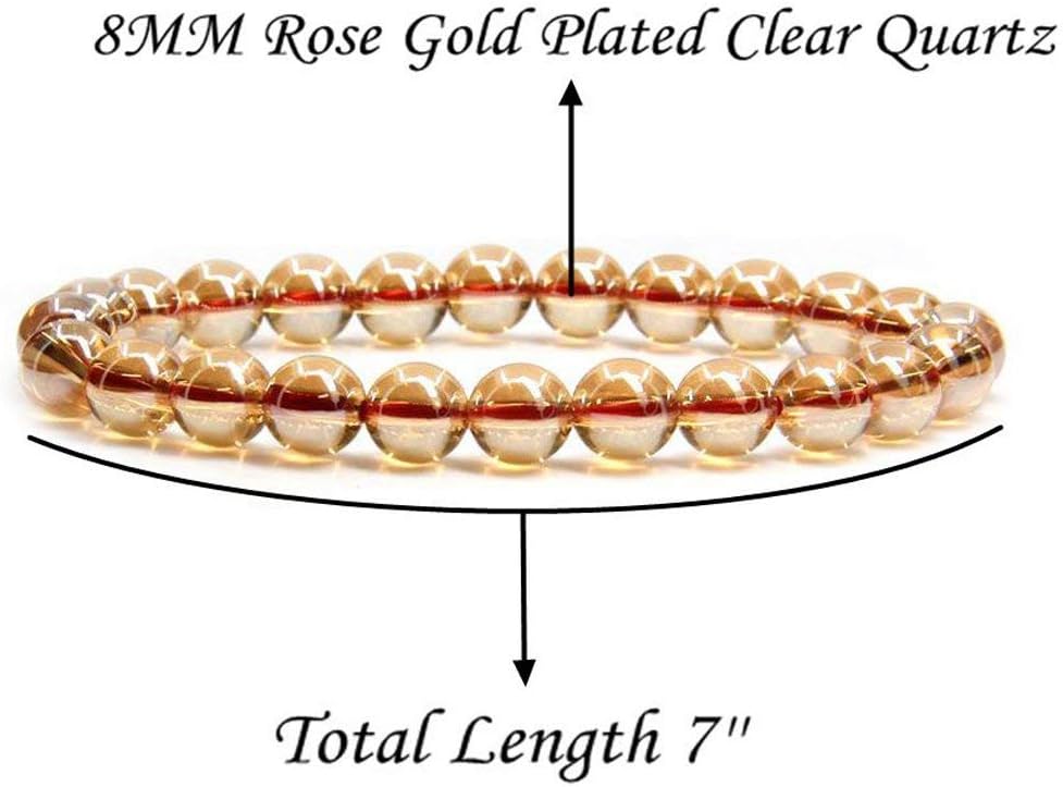 Rose Gold Plated Clear Quartz Gem Semi Precious Gemstone 8mm Ball Beads Stretch Bracelet 7inch Unisex