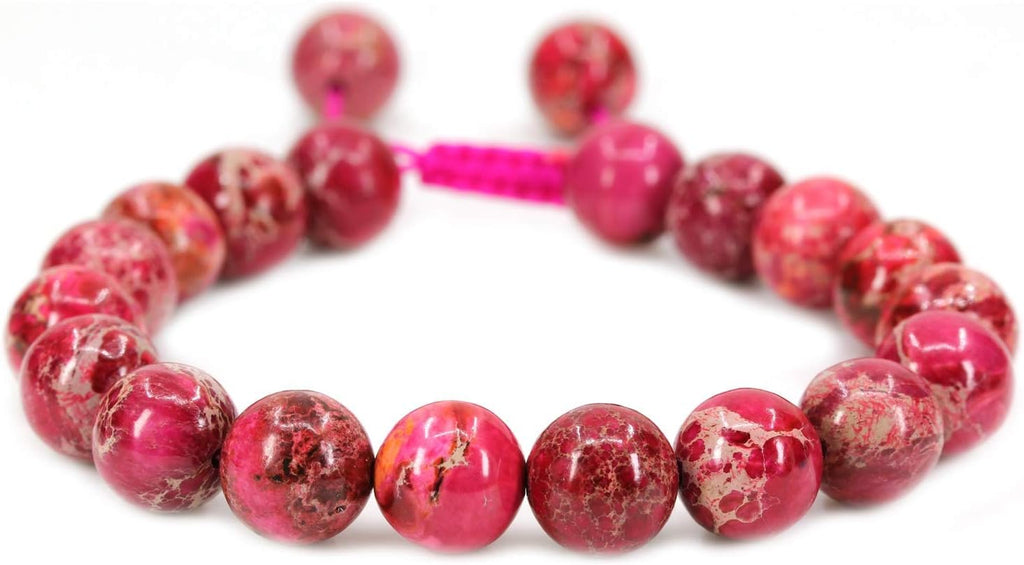 Angelstones Handmade Gemstone 10mm Rose Sea Sediment Jasper Round Beads Adjustable Braided Macrame Tassels Chakra Reiki Bracelets 7-9 inch Unisex