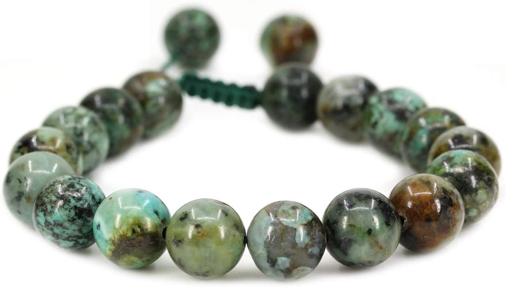 Angelstones Handmade Gemstone 10mm African Turquoise Round Beads Adjustable Braided Macrame Tassels Chakra Reiki Bracelets 7-9 inch Unisex