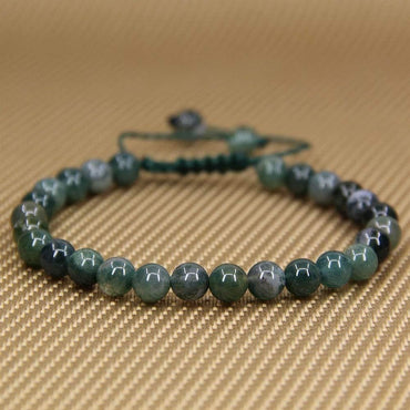 Natural Moss Agate Gemstone 6mm Round Beads Adjustable Bracelet 7inch Unisex